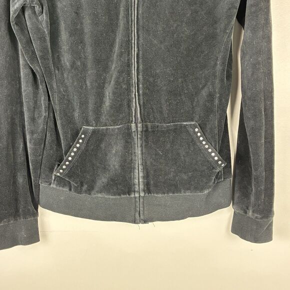 Y2K Vintage Black Velour Velvet Zip Hoodie Rhinestones Sz Medium Paris Spears - Picture 3 of 8